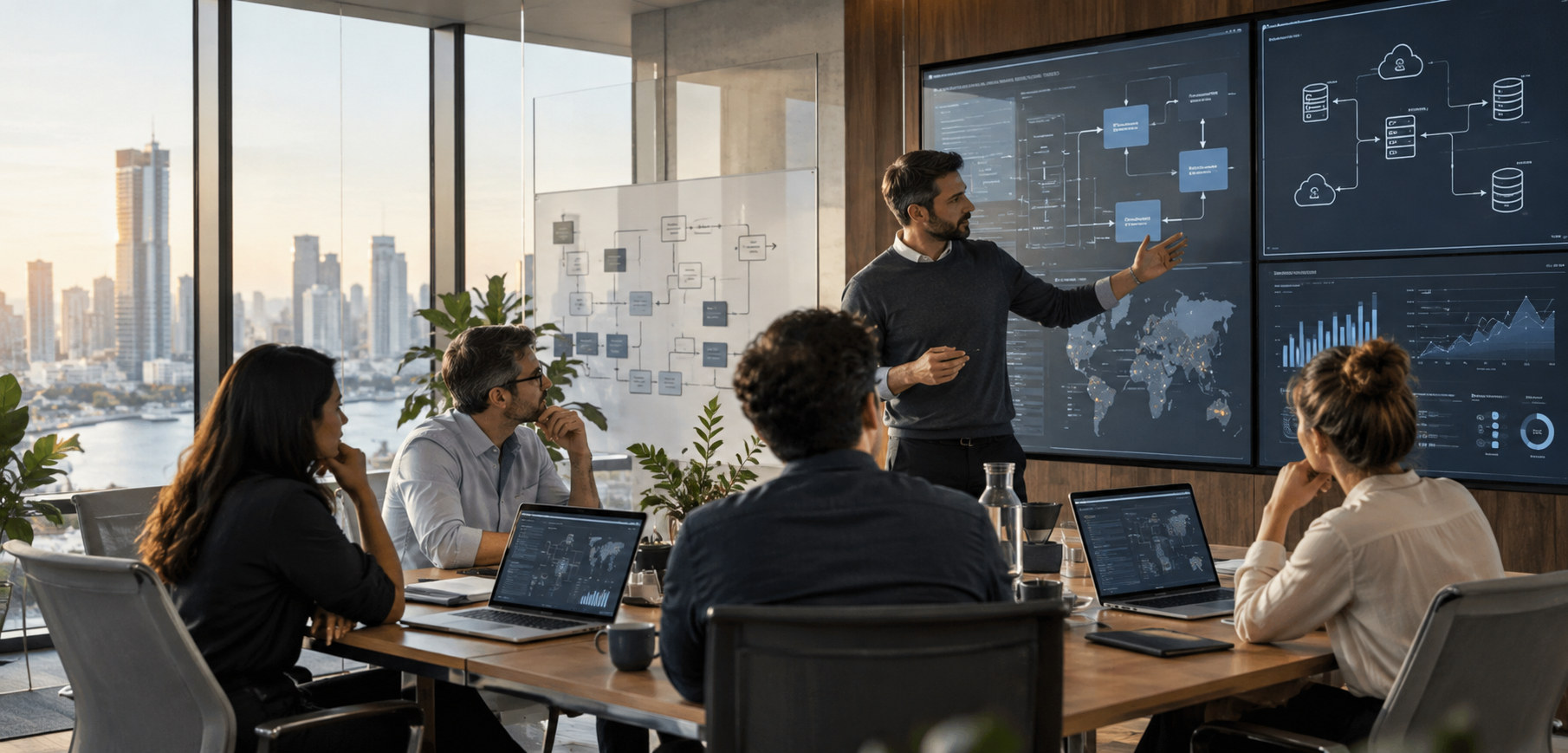 Technology team reviewing enterprise software architecture together