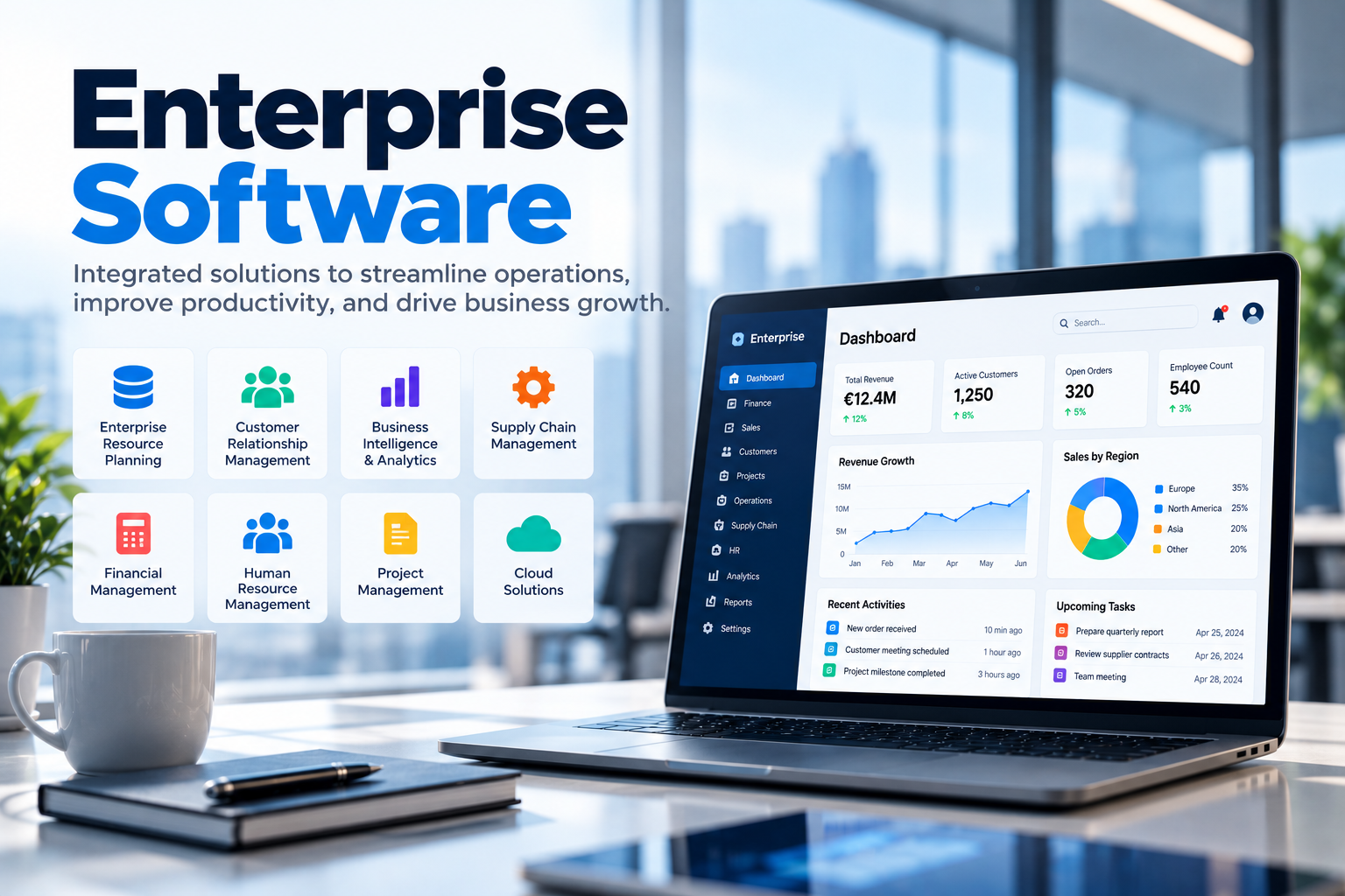 Modern commercial buildings representing enterprise operations